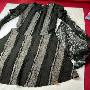Witch patchwork DRESS BLACK gray woods GOTHIC EMO long LACE sleeves MED women’s